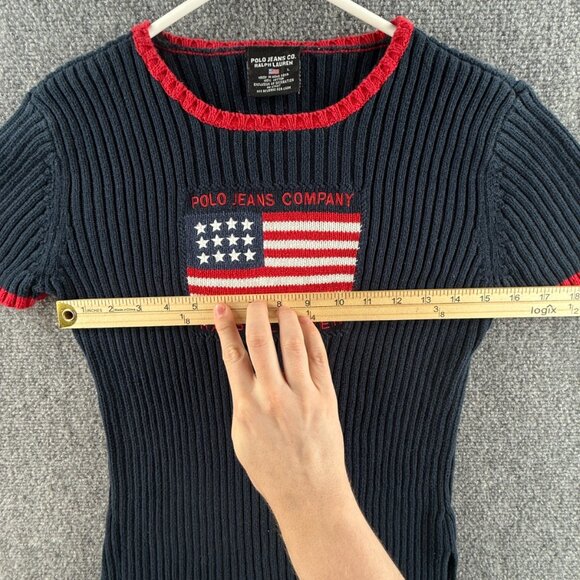 Ralph Lauren Polo Jeans Women Flag Sweater Large Short Sleeve Ribbed Red Blue - Picture 8 of 14